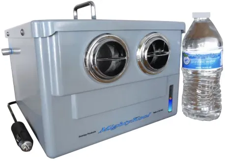 MightyKool Model K2 compact gray 12-volt evaporative cooler beside a water bottle